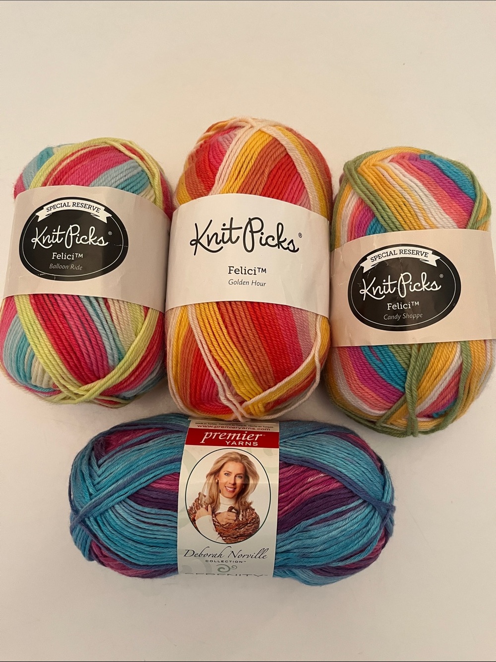 Lot of 4, 3 Knit Picks Felici Yarn,Superwash Merino/Nylon + 1 Deb Norville